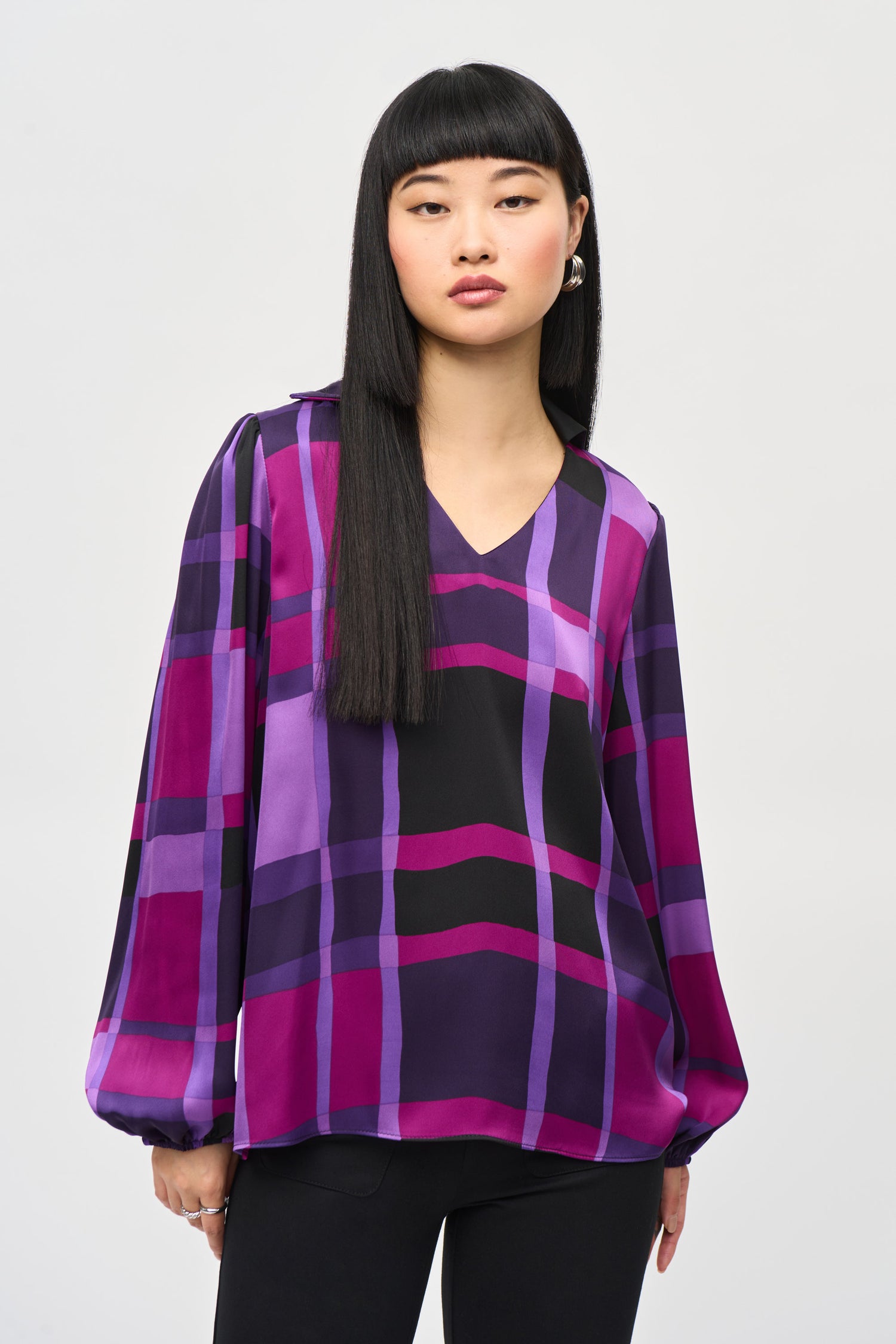 Satin Abstract Plaid Print Top