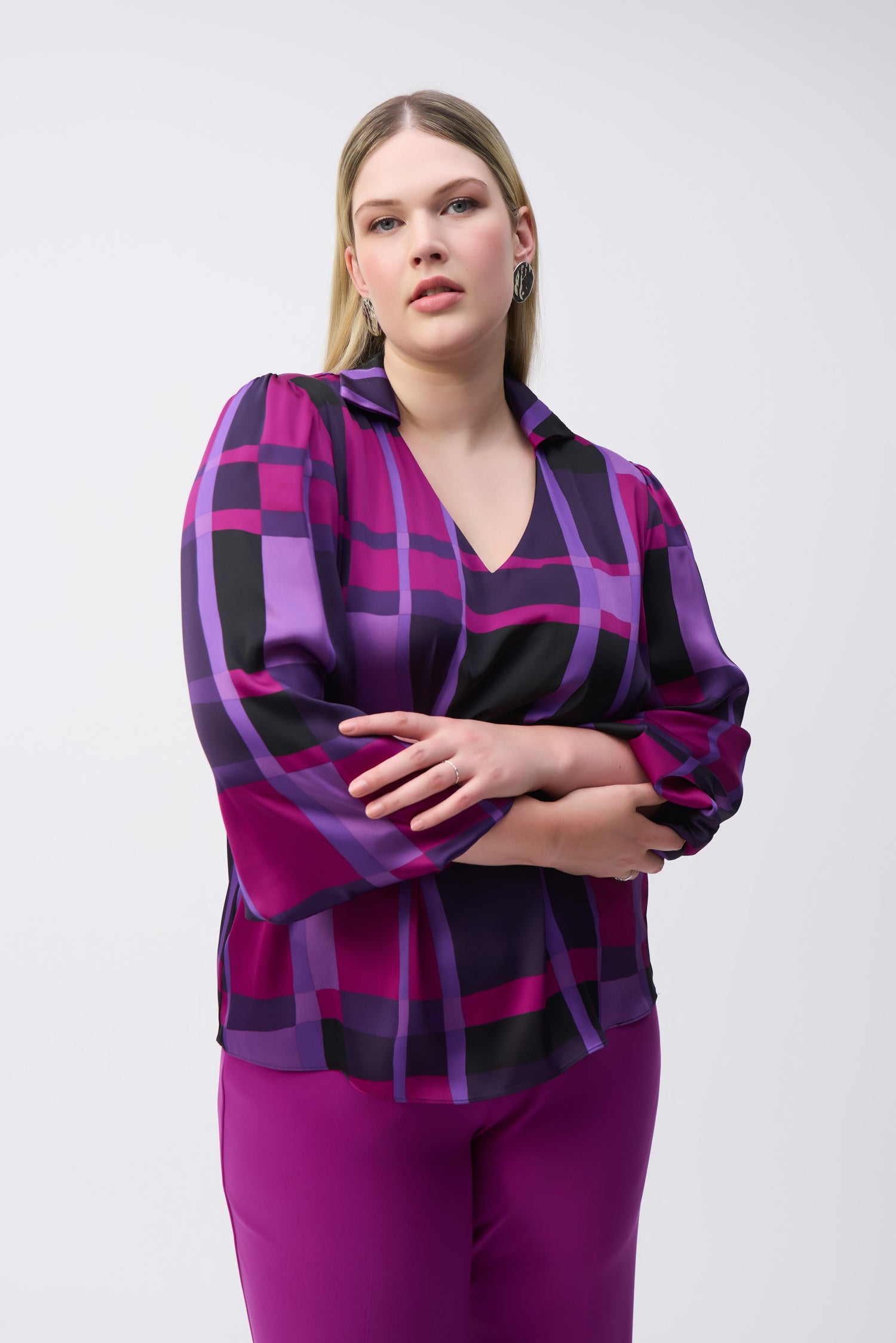 Satin Abstract Plaid Print Top