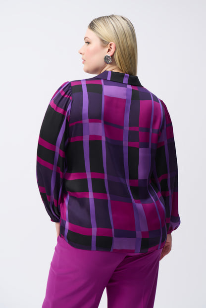 Satin Abstract Plaid Print Top