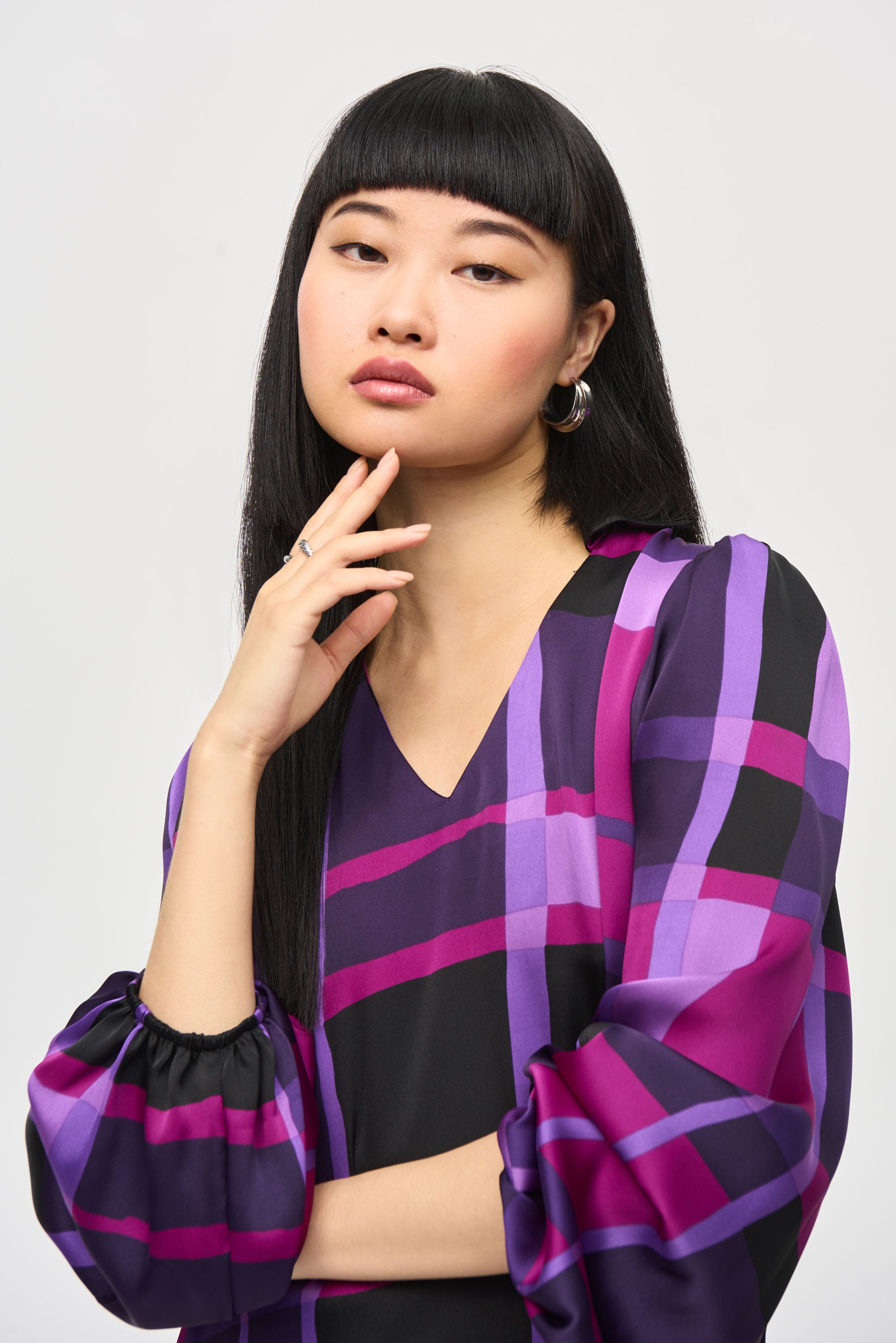 Satin Abstract Plaid Print Top