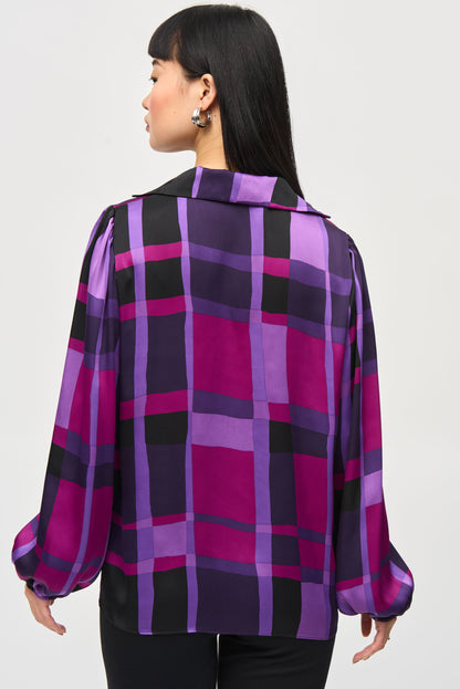 Satin Abstract Plaid Print Top