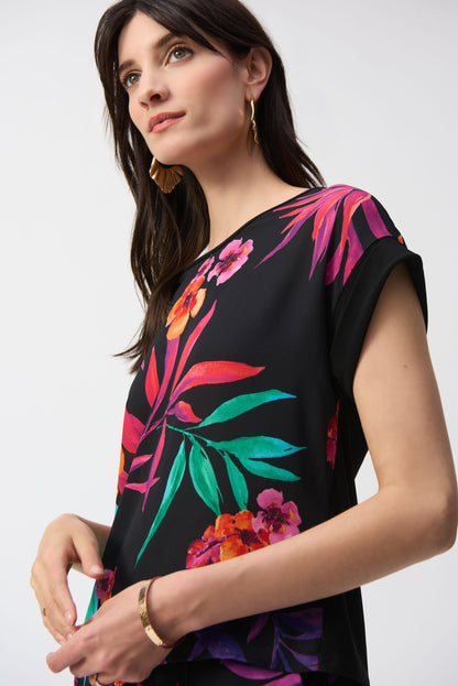 Silky Knit and Georgette Tropical Boxy Top