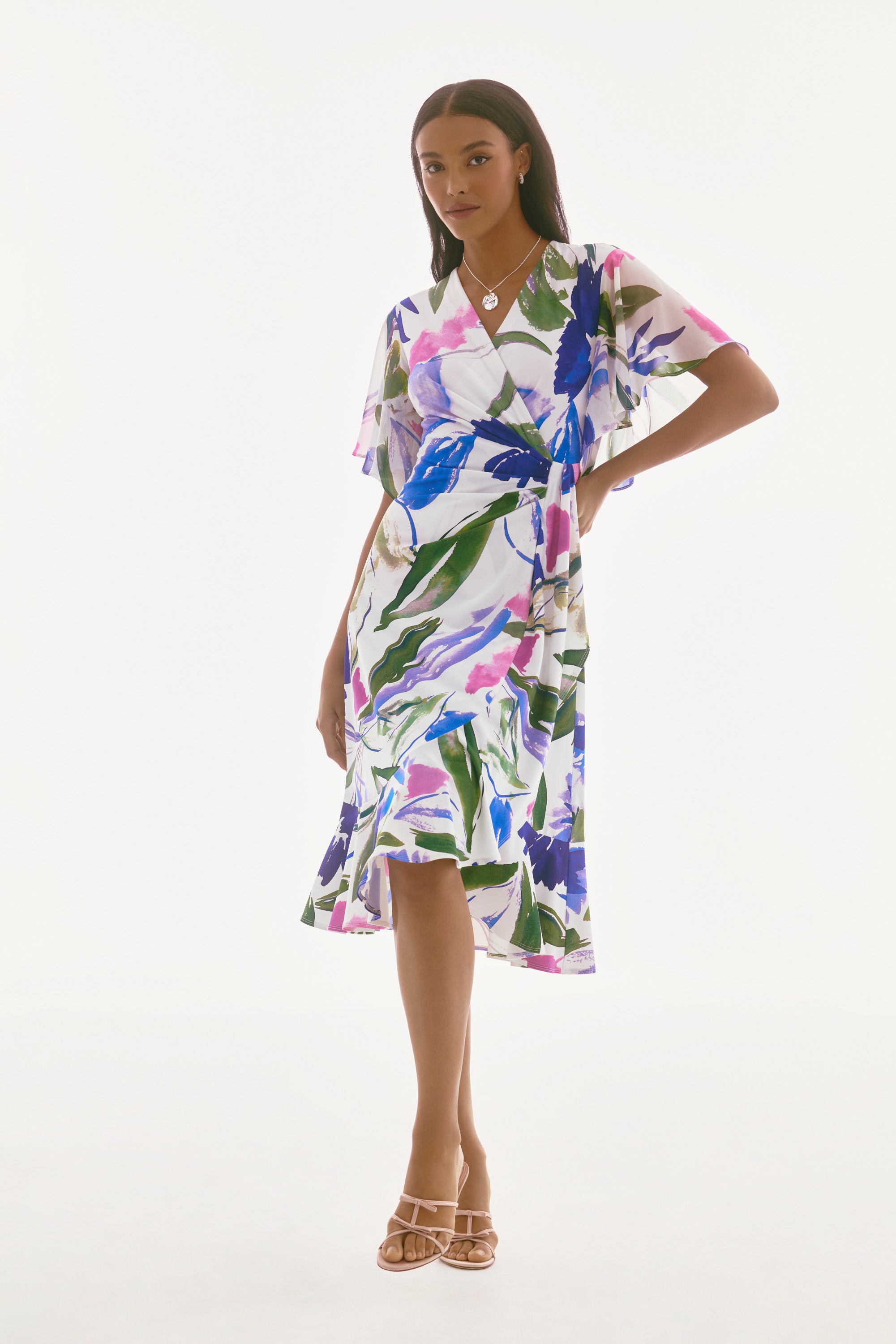 Silky Knit And Chiffon Floral Wrap Dress - 251707