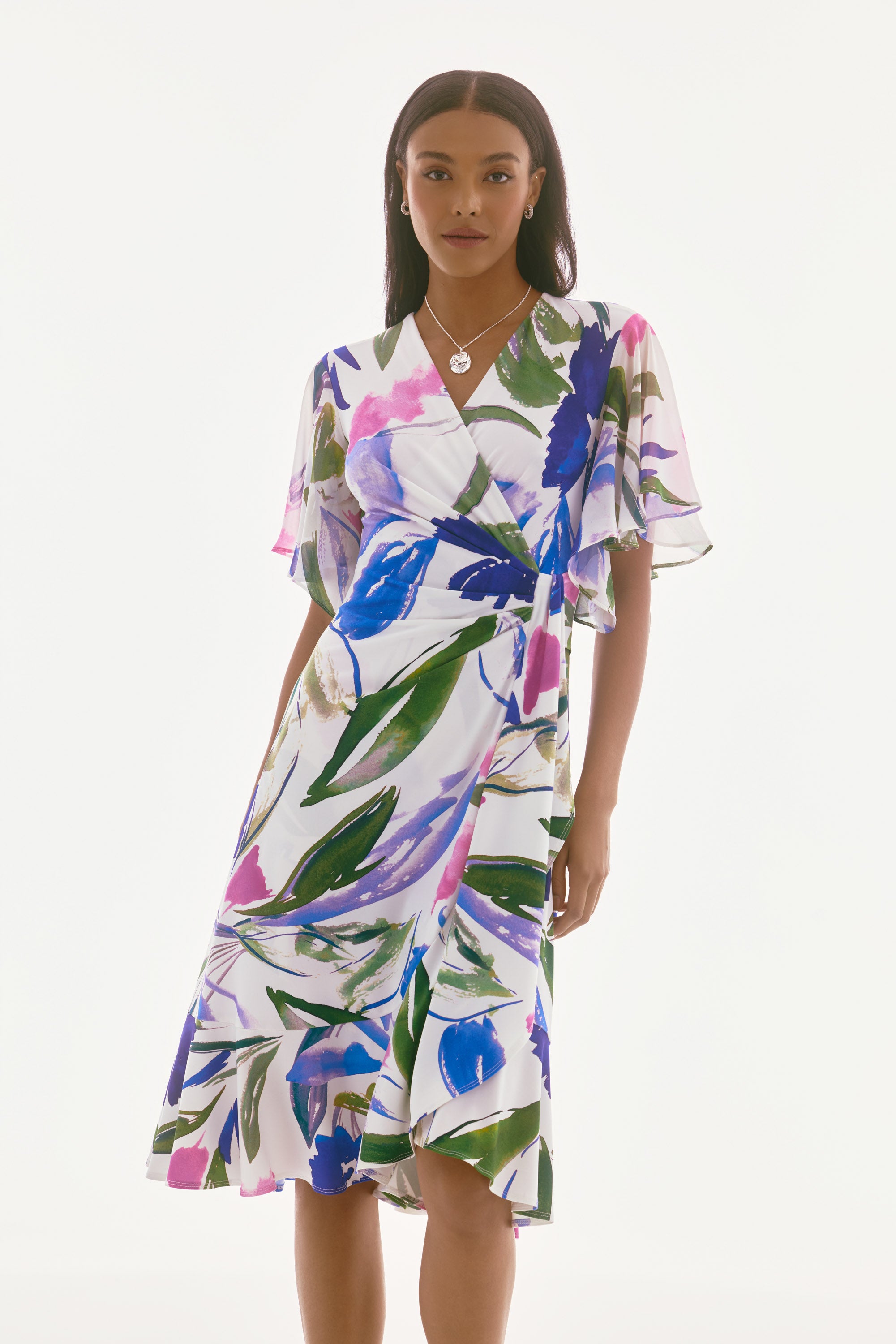 Silky Knit And Chiffon Floral Wrap Dress - 251707